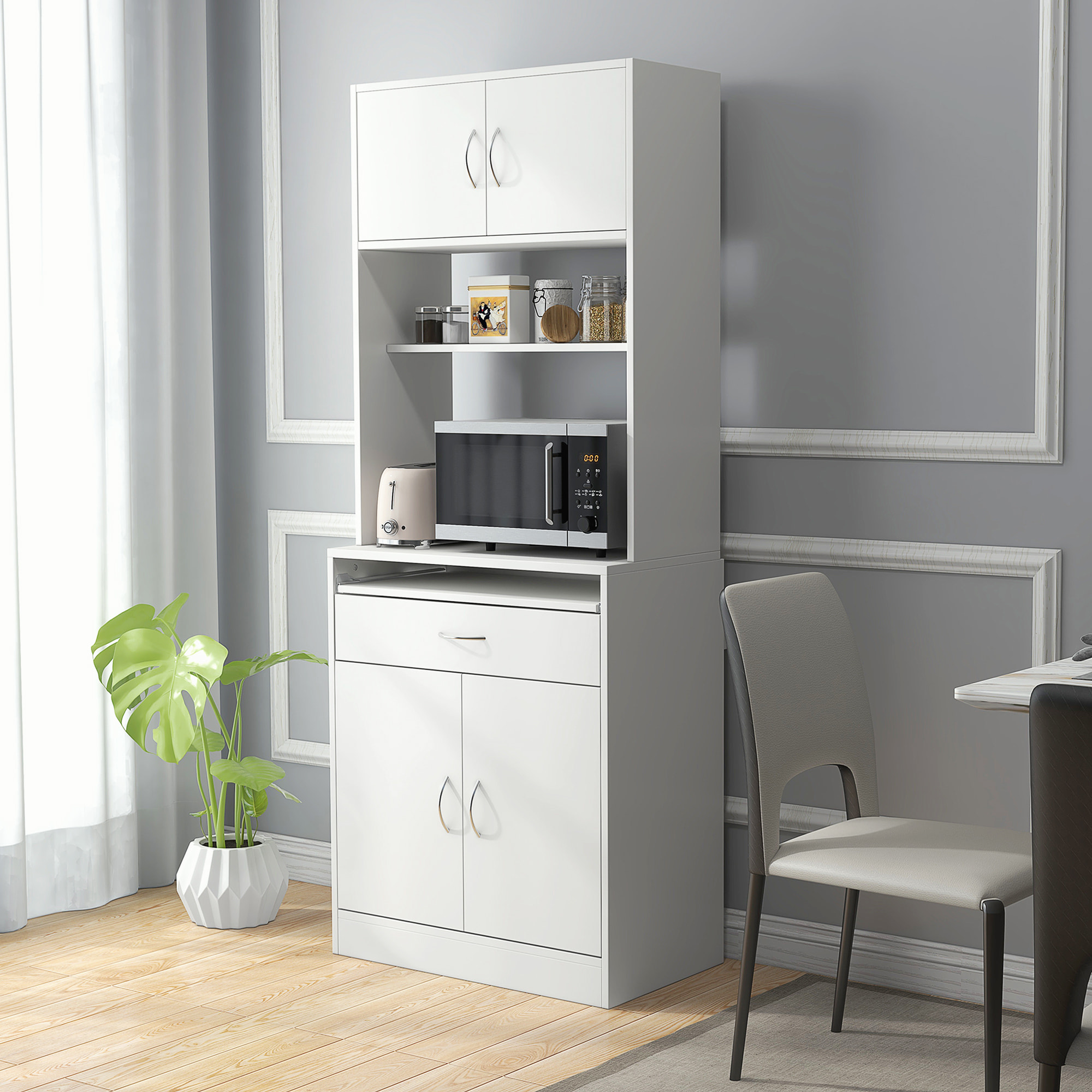 Alacena de Cocina Mueble Aparador Auxiliar con 4 Puertas Bandeja Extraíble Estante Ajustable Cajón y Encimera de Microondas Abierta 70x40x180 cm Blanco