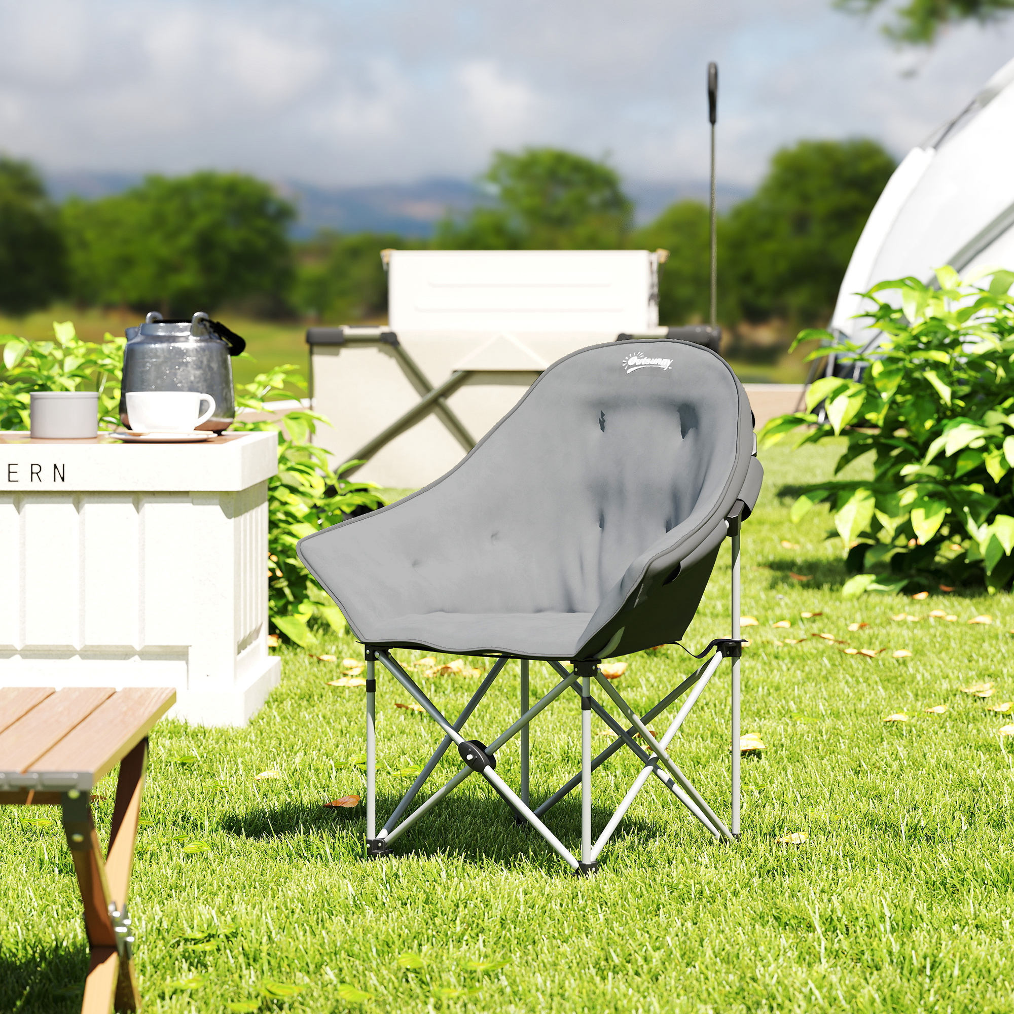 Chaise de camping pliante rembourrée revêtement toucher daim grand confort rangements sac inclus gris