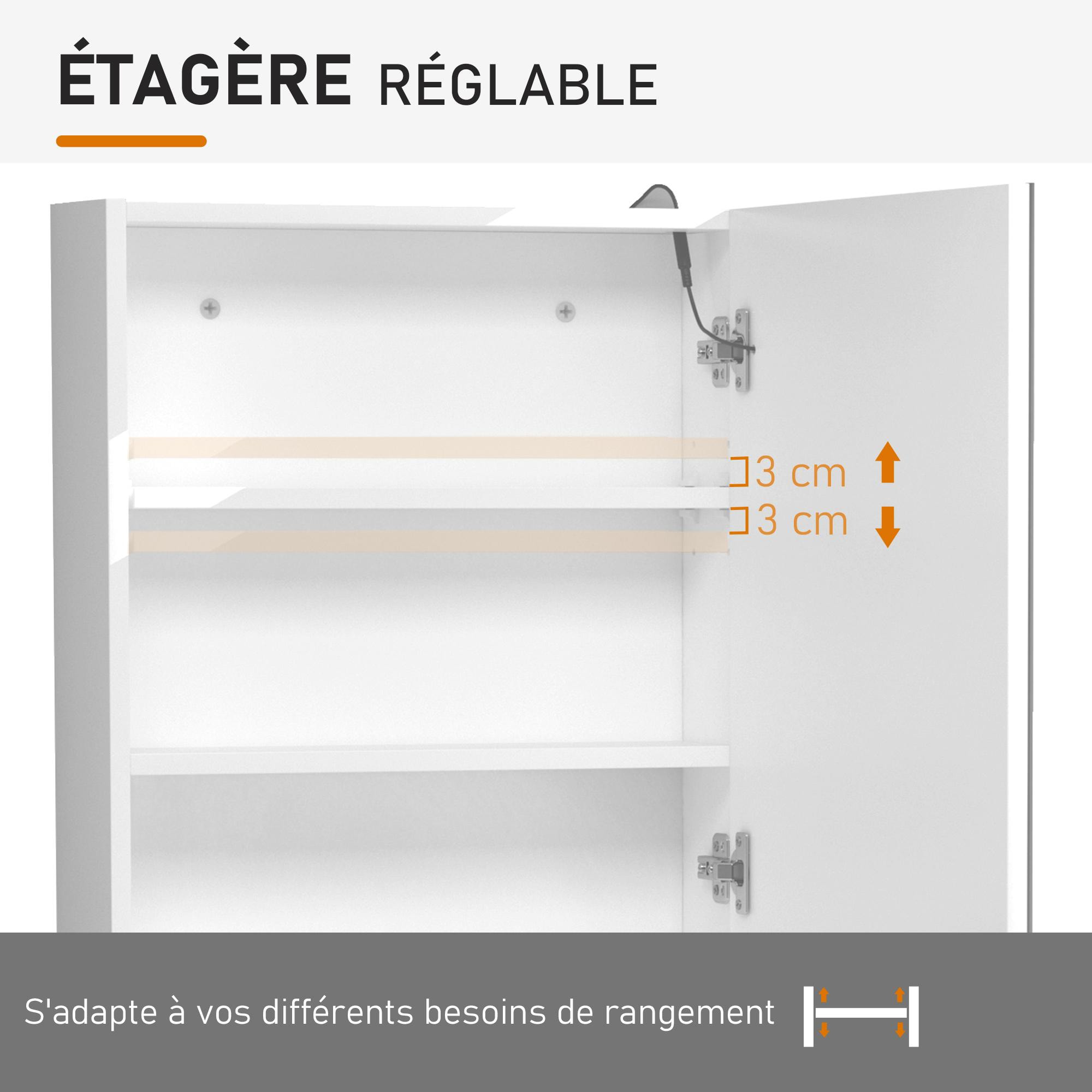 Homcom - Miroir lumineux LED armoire murale design de salle de bain 2 en 1  dim. 50L x 15l x 60H cm MDF blanc