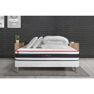 Pack prêt à dormir matelas ENERGY ressorts ensachés et mémoire de forme + sommier kit blanc + Couette + 2 oreillers