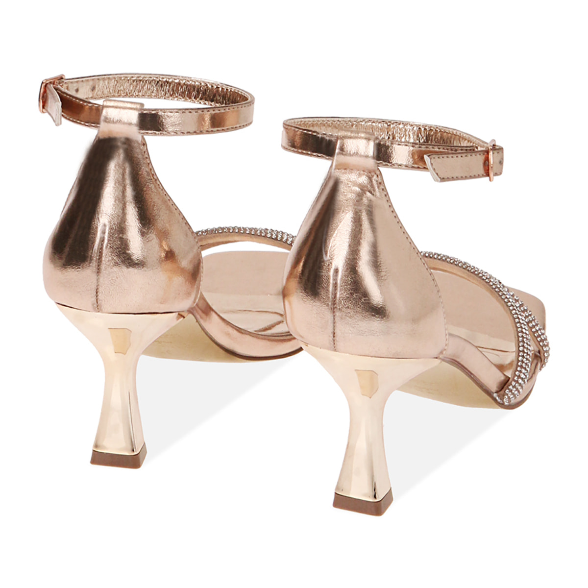 Sandali rosa-oro in laminato con pietre, tacco 7,5 cm