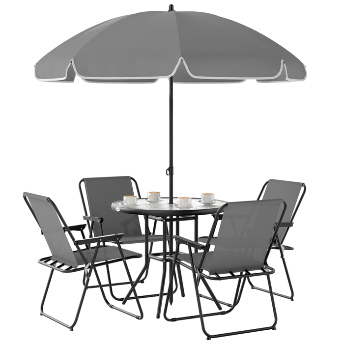 Conjunto de Mesa y Sillas Jardín de 6 Piezas Muebles de Jardín Exterior con 4 Sillas Plegables Mesa de Vidrio y Sombrilla para Terraza Patio Gris