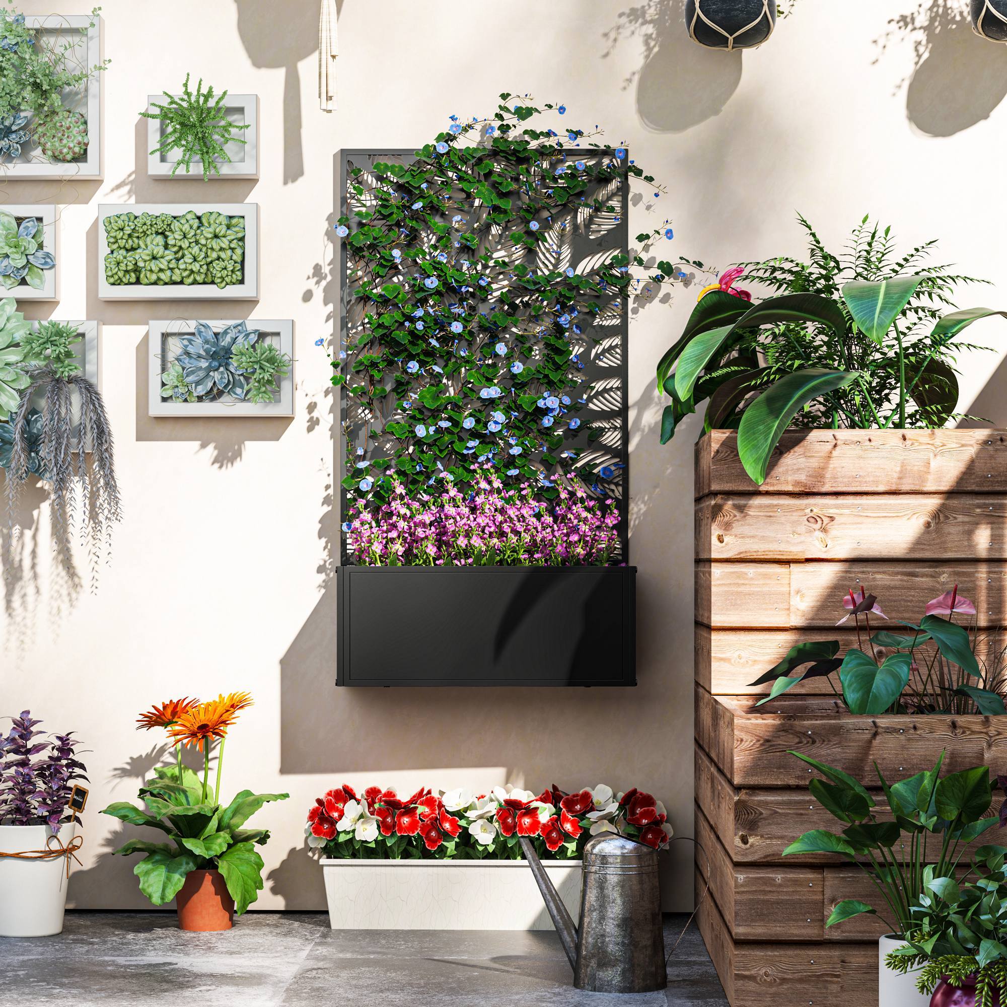 Jardinera Exterior Grande de Metal Jardinera con Pantalla de Privacidad de Hojas Decorativas Jardinera de Pared o Independiente para Patio Terraza 61x23x113 cm Negro
