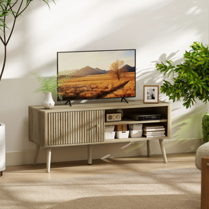 Meuble TV design effet cannelé naturel porte 2 niches bois de pin effet bois clair