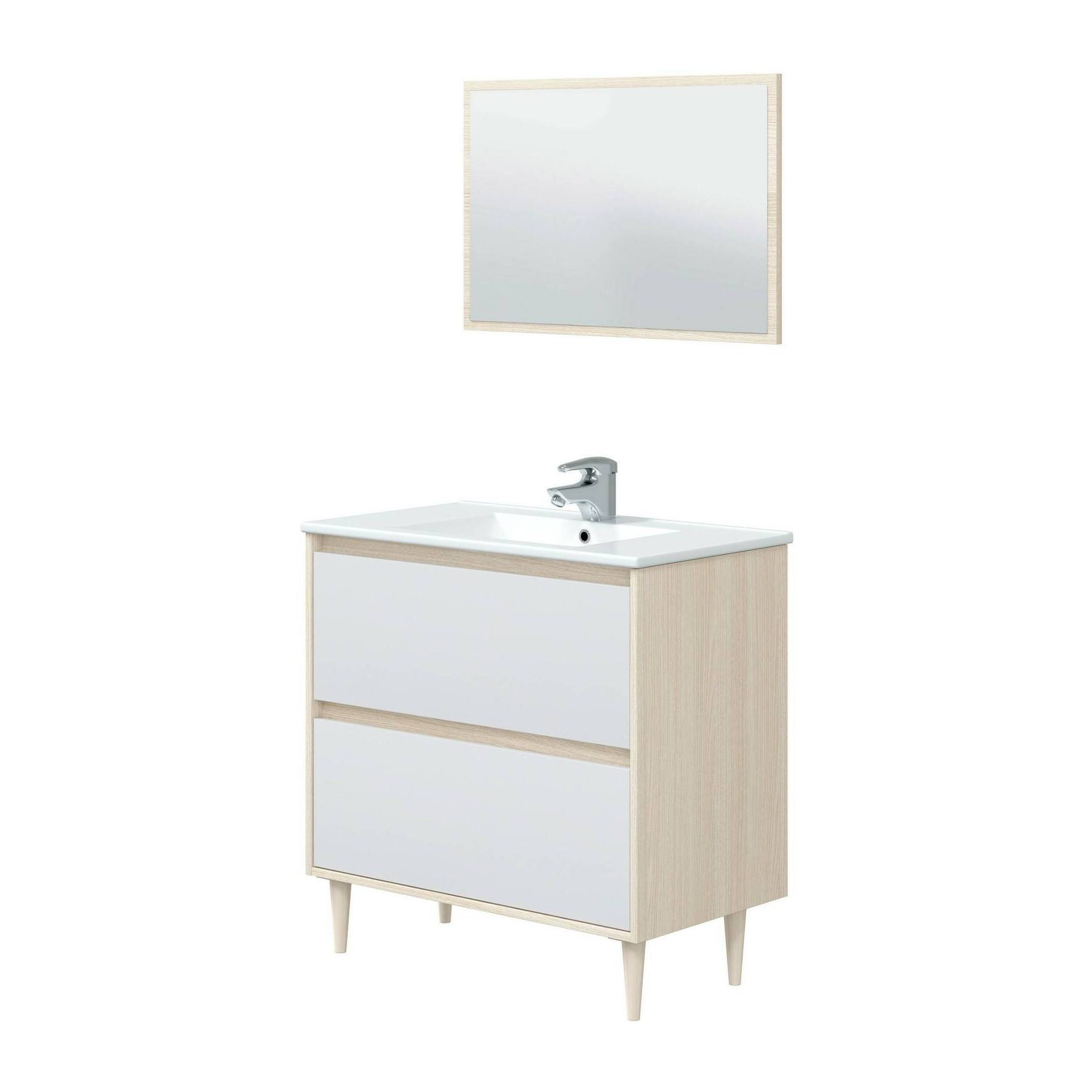 Mobile sottolavabo Yazoo, Sotto lavabo bagno, Mobiletto da bagno con specchio, Lavabo non incluso, 80x45h80 cm, Bianco lucido e Rovere