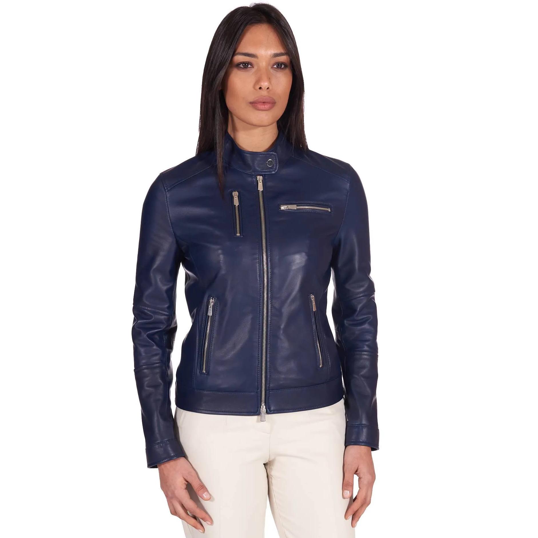 Giacca biker in pelle naturale blu avion effetto liscio