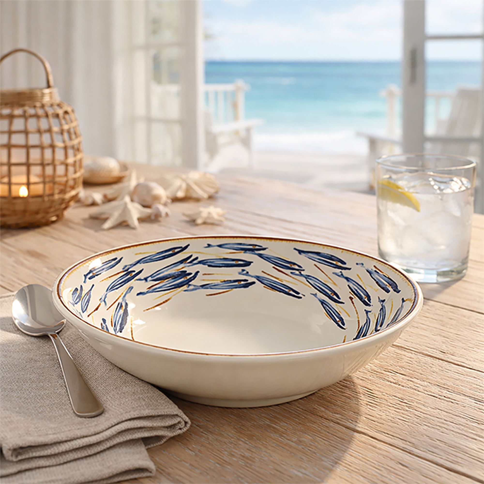 Lot de 6 assiettes creuses 20cm en porcelaine à imprimé poisson MARIUS