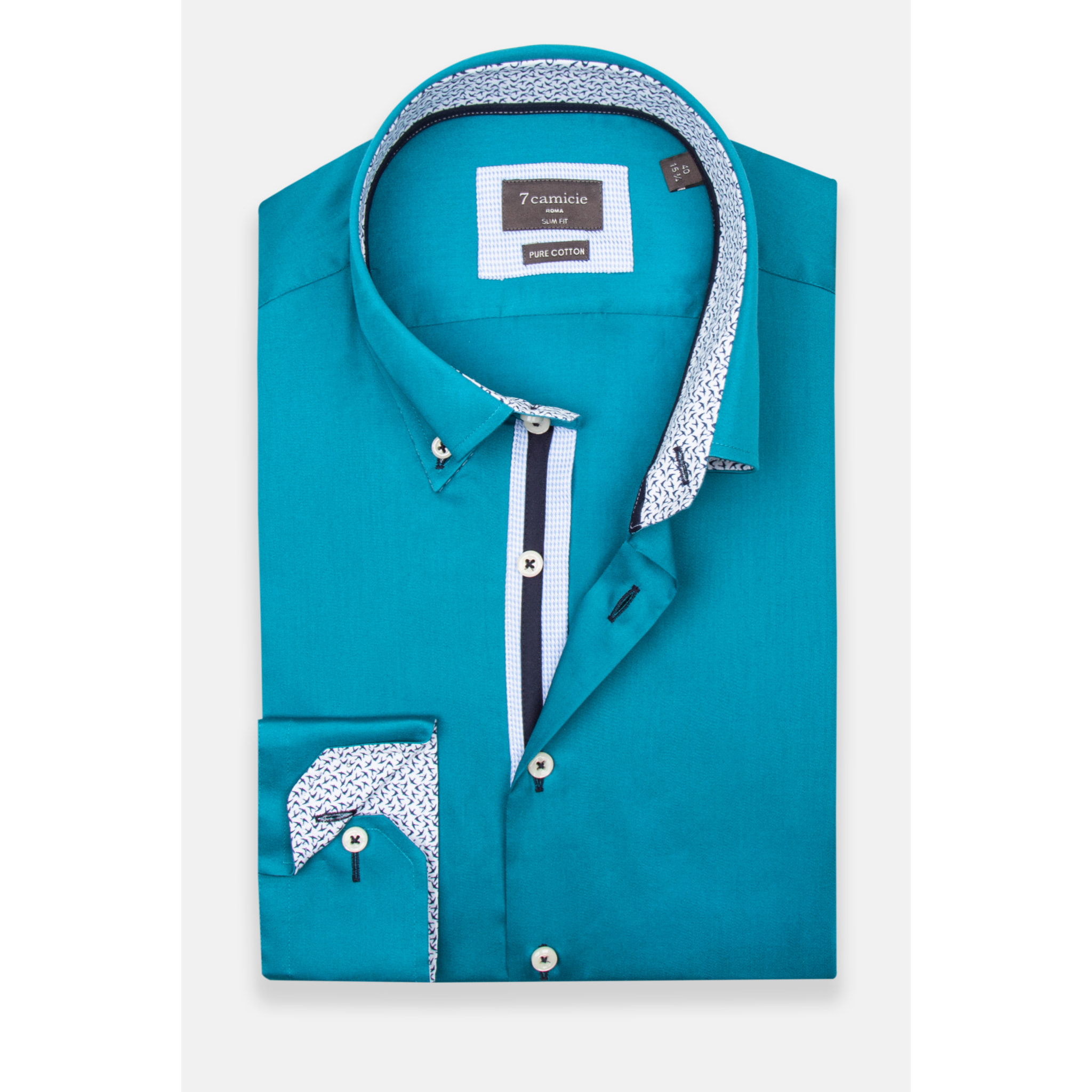 Camicia Uomo 2 Bottoni Button Down Slim Satin Unito Verde Ottanio