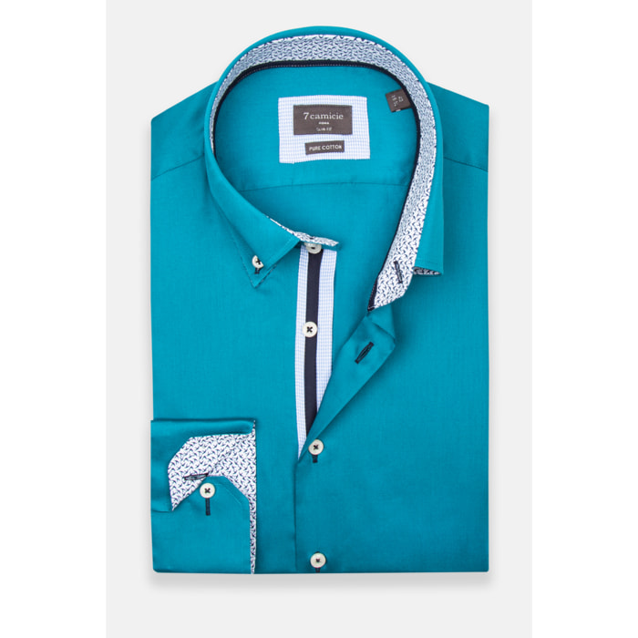 Camicia Uomo 2 Bottoni Button Down Slim Satin Unito Verde Ottanio
