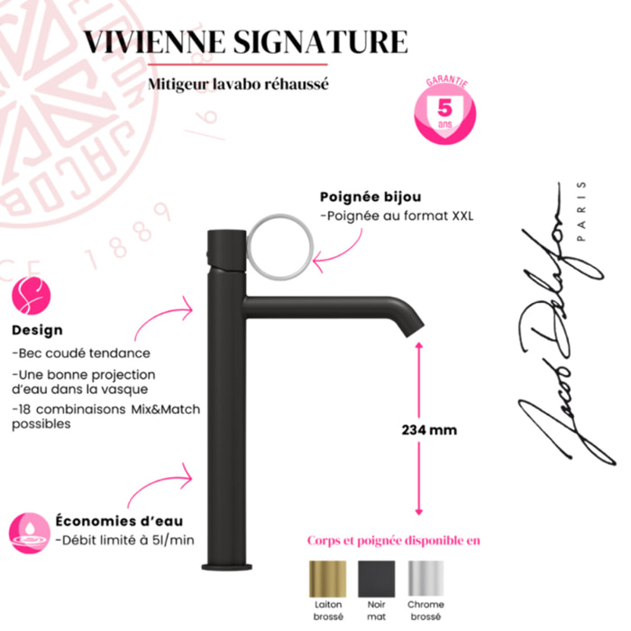Mitigeur lavabo haut Vivienne chromé brossé avec bague noire mate