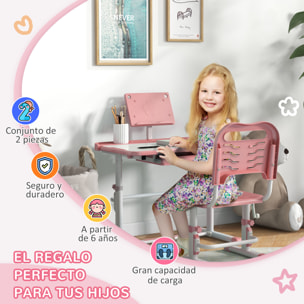 ZONEKIZ Juego de Escritorio y Silla para Niños de 6-12 Años Pupitre Infantil Altura Ajustable con 1 Cajón 1 Estante para Libros y Ángulo de Mesa Ajustable 80x49,5x82-104 cm Rosa y Blanco