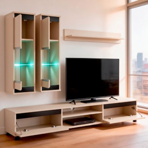 Parete Attrezzata Soggiorno Mobile Tv Vetrine Led Mensola Moderno Living Arredo Contenitore Vani Giorno Resistente 175x 150x 37 Cm Cashmere E Nero