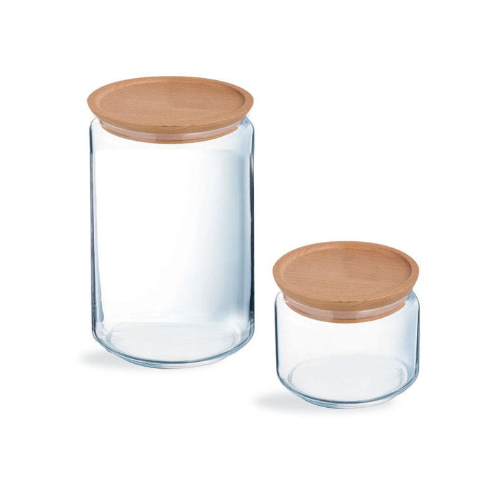 Lot de 2 pots de conservation Pure Jar Wood- Luminarc - En verre avec couvercle en bois - 1L + 0,5L