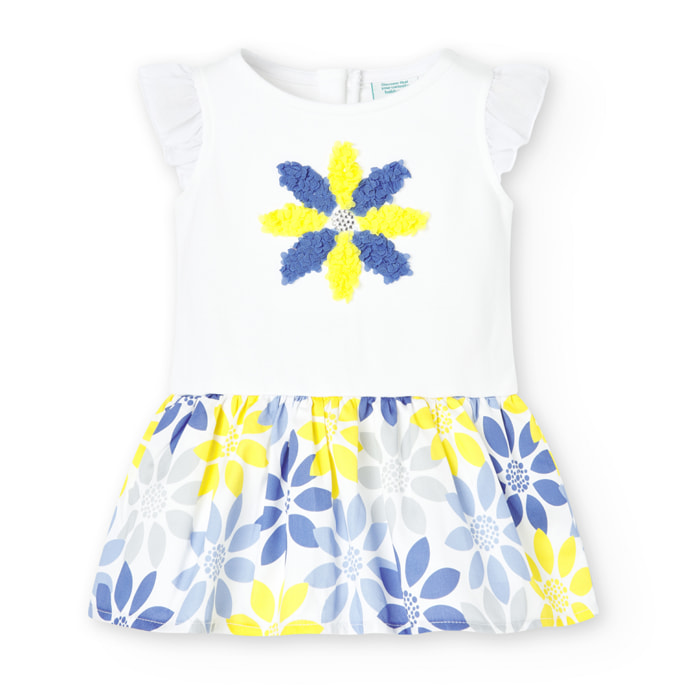 Vestido niña, satén, estampado flores, blanco, mangas cortas