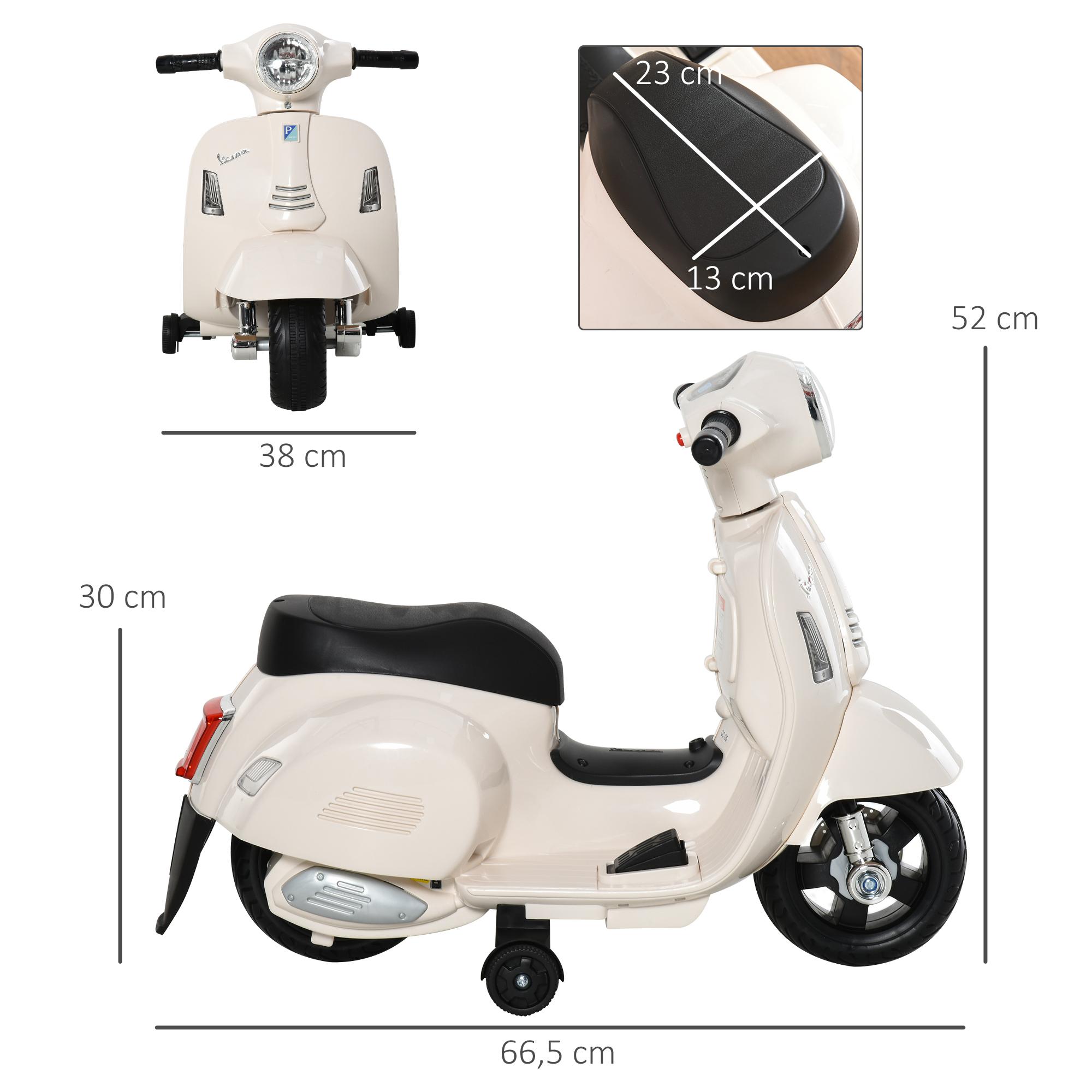 Moto Eléctrica Vespa para Niños de 18-36 Meses con Faro Bocina y 4 Ruedas Motocicleta Infantil con Licencia 66,5x38x52 cm Blanco