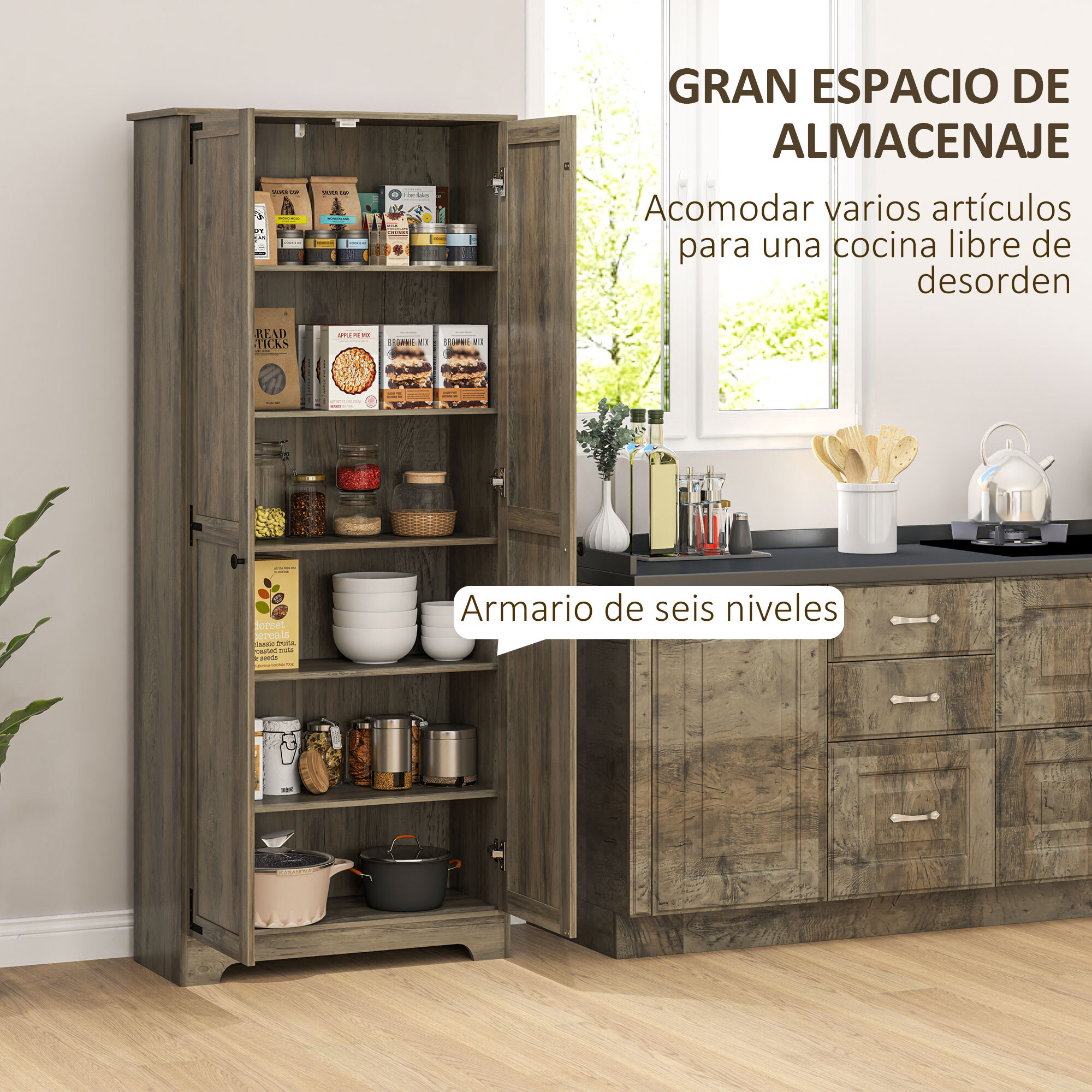 Alacena de Cocina Armario de Cocina Armario de Almacenaje con 2 Puertas y Estantes Ajustables para Comedor Salón 78x31,5x182 cm Marrón Grisáceo