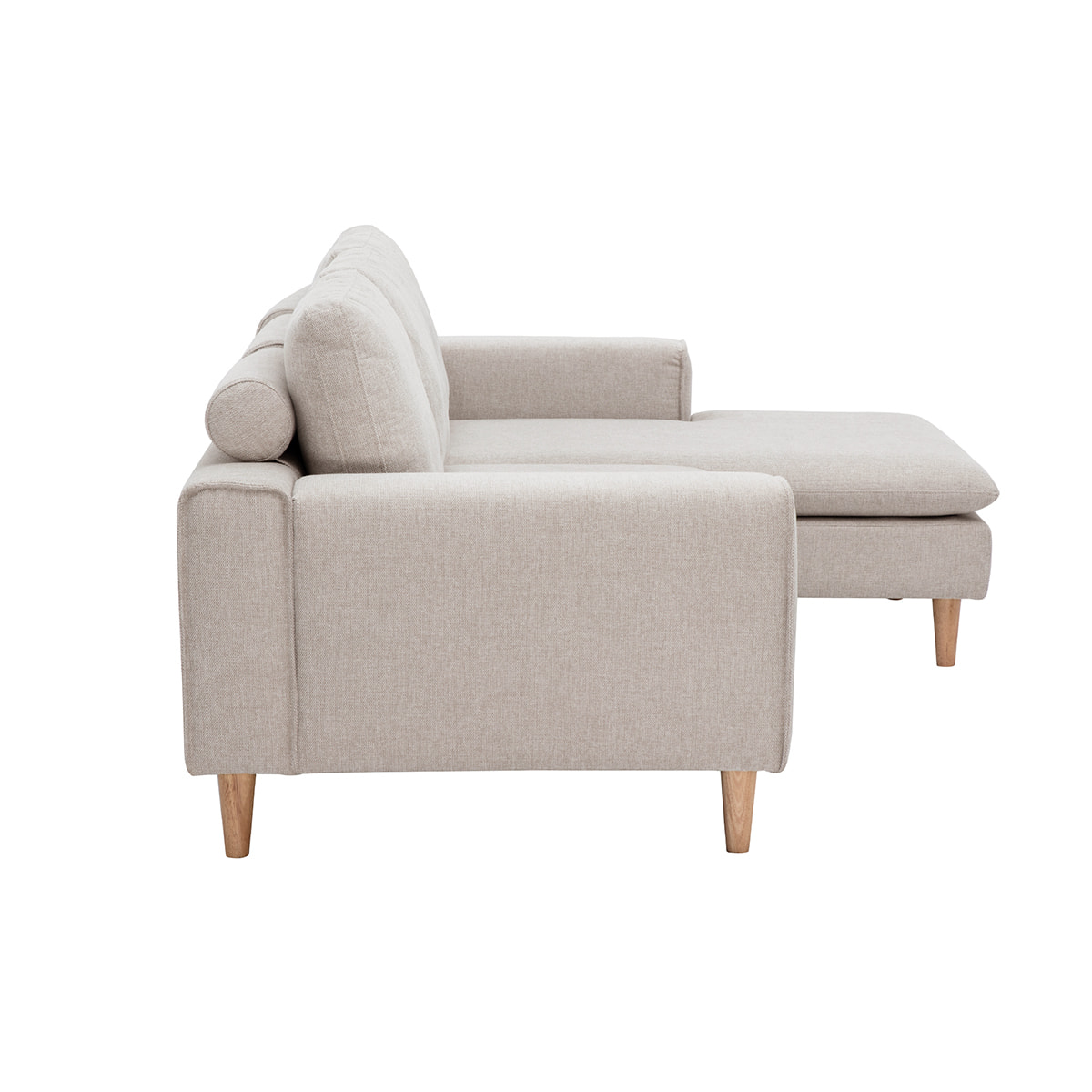 Canapé d'angle droit en tissu effet velours texturé beige et bois clair RAGNAR