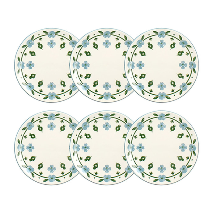 Lot de 6 assiettes à dessert 19cm en porcelaine blanc et bleu floral PRIMAVERA