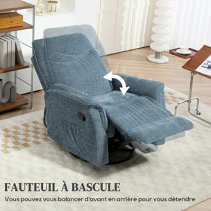 Fauteuil relax inclinable repose-pieds rétractable pivotant pochette rangement intégrée tissu bleu chiné