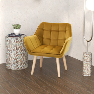 Butaca de Salón Moderna, Sillón Lectura Tapizado en Terciopelo con Asiento Ancho, Patas de Madera, Fácil Montaje, Sillón Relax para Sala de Estar, Dormitorio y Balcón, Amarillo Mostaza
