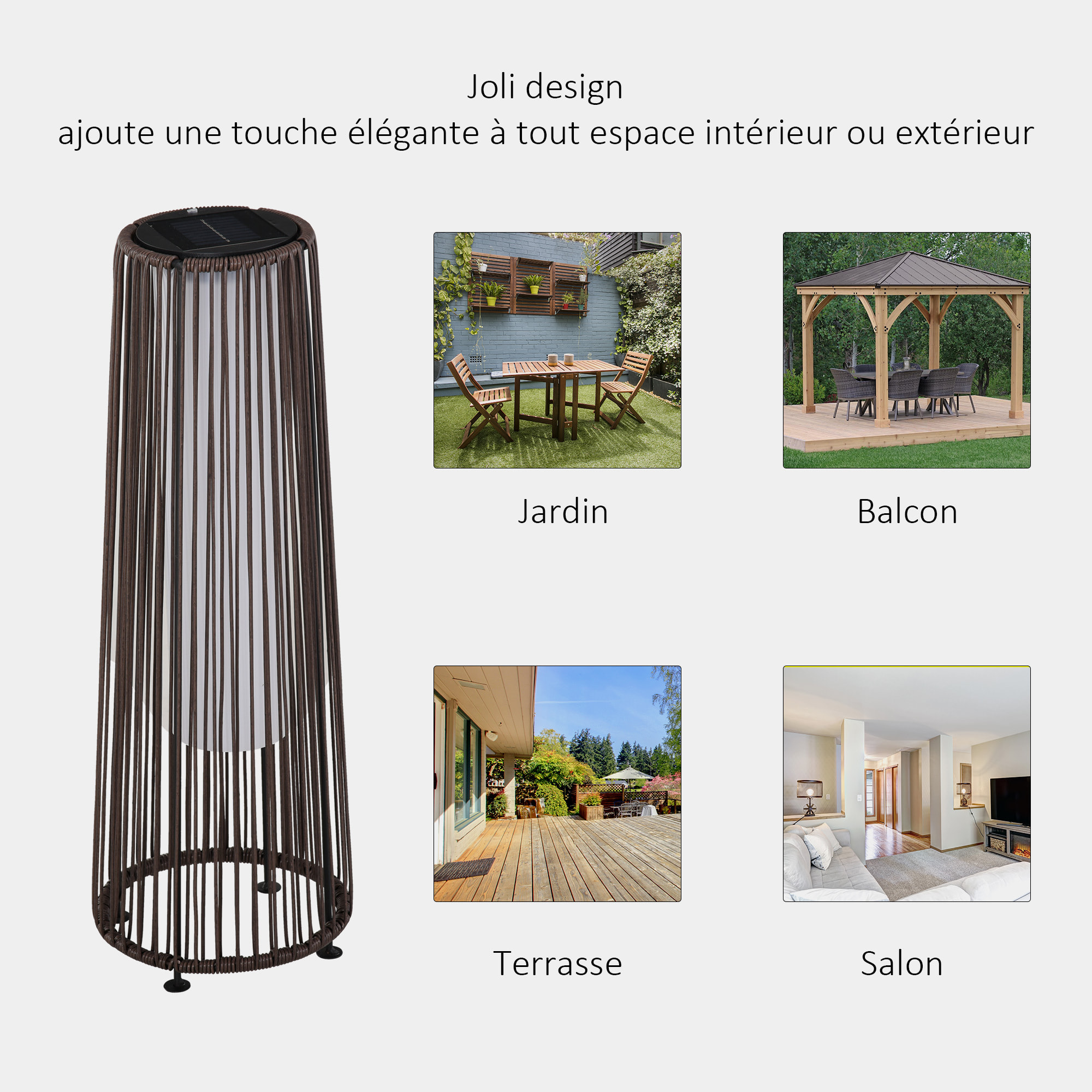 Lampadaire LED de jardin style colonial dim. Ø 21,5 x 61H cm résine tressée filaire chocolat