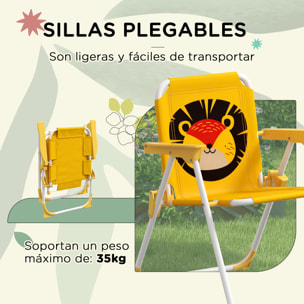 Conjunto de Mesa y Sillas para Exterior Infantil Set de 2 Sillas Plegables y Mesa para Niños Mesa con Sombrilla Ajustable en Altura Temática de León para Jardín Patio Amarillo y Marrón