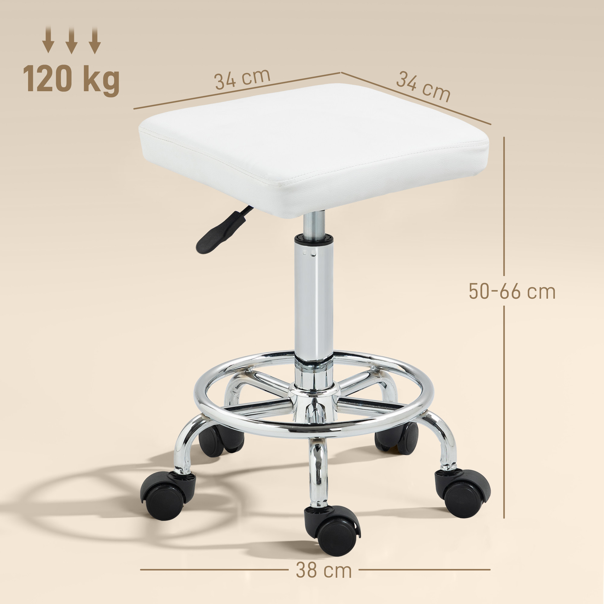 Taburete Giratorio Taburete con Ruedas Altura Regulable 50-66 cm Asiento Tapizado de Cuero Sintético Reposapiés para Salones y Talleres Blanco