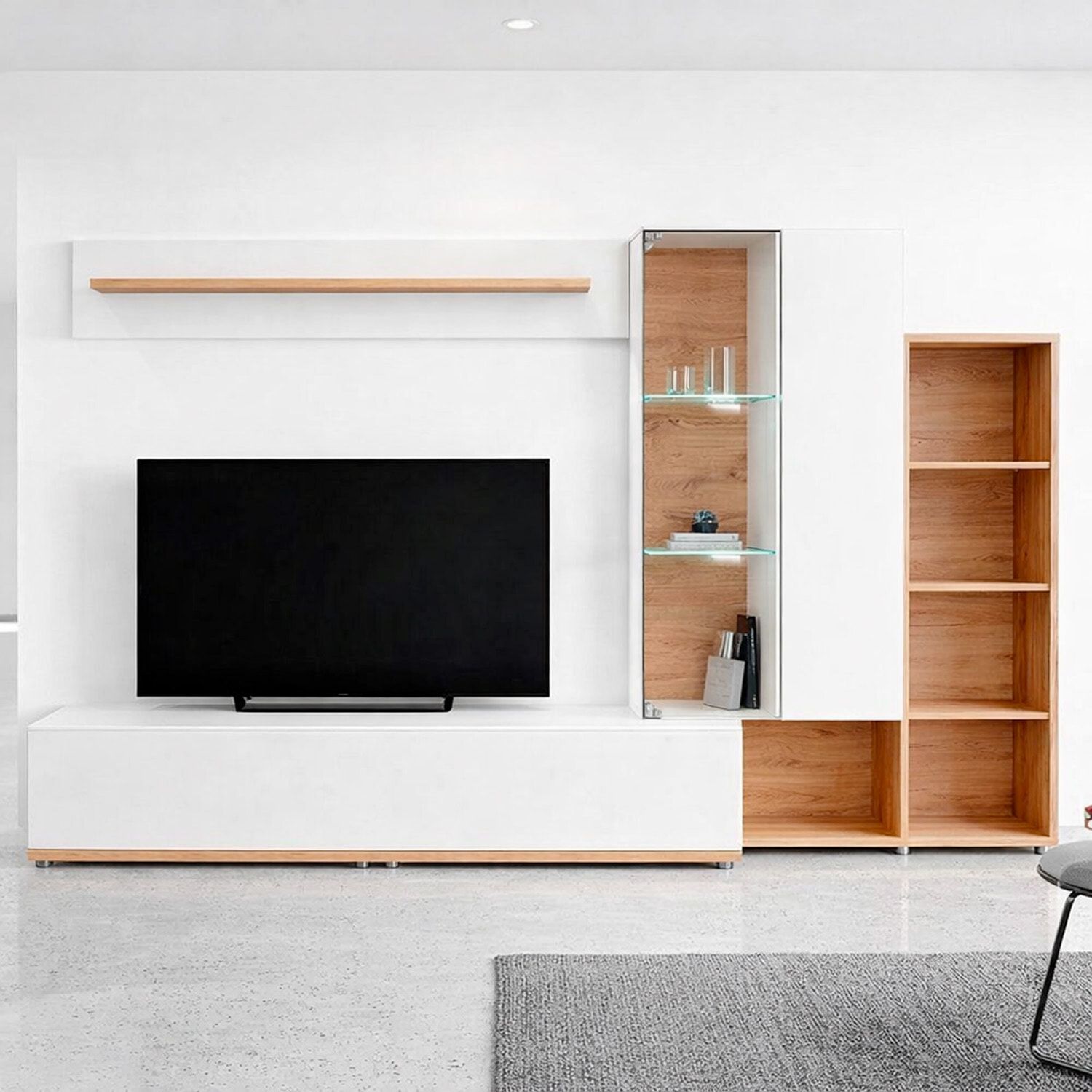 Parete Attrezzata Mobile TV Vetrina LED Living Mensola Vani Multifunzione Design Contemporaneo Arredo Casa 240 x 40 x 145 Cm Bianco Rovere E Scuro