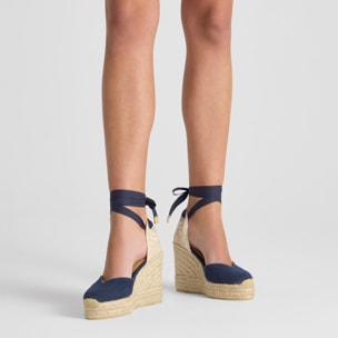 Alpargata con cuña 8 cm en lona de algodón con pala en v y cintas al tobillo