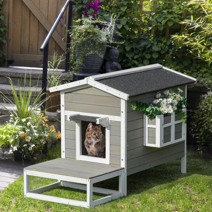 Maison lodge sur pied - niche villa chat petit chien - terrasse, toit bitumé, jardinière, 2 portes - bois sapin pré-huilé peint