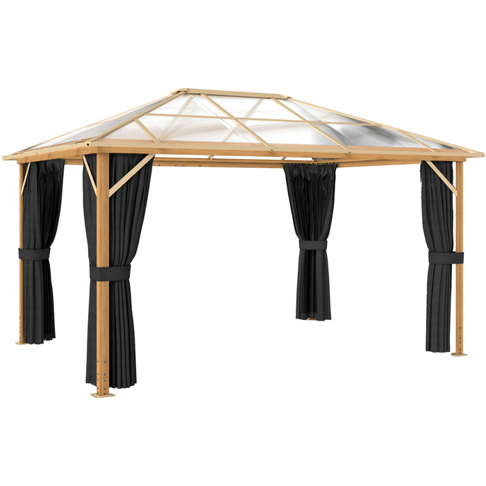 Pergola pavillon de jardin alu effet bois toit polycarbonate 3 x 4 m rideaux moustiquaires inclus
