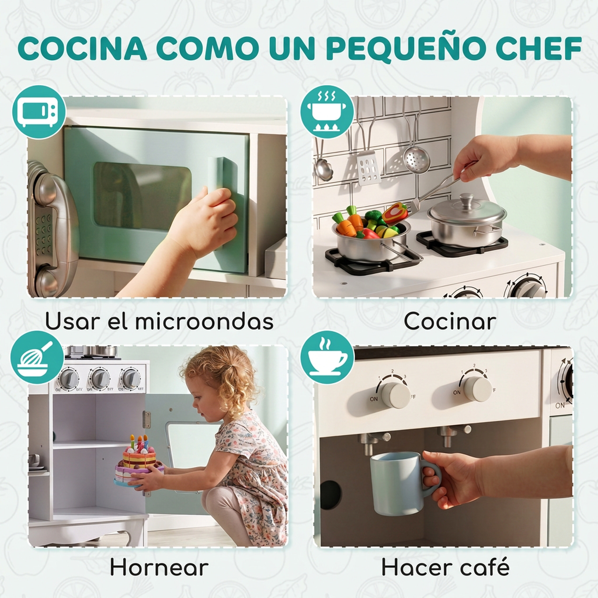 AIYAPLAY Cocina de Juguete de Madera con Luces y Sonidos. Cocinita Infantil con Campana Extractora, Dispensador de Agua, Cafetera, Nevera, Horno, Fregadero, Accesorios, 3-6 Años Verde Azulado