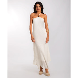 Vestido midi de punto con escote halter y volante.