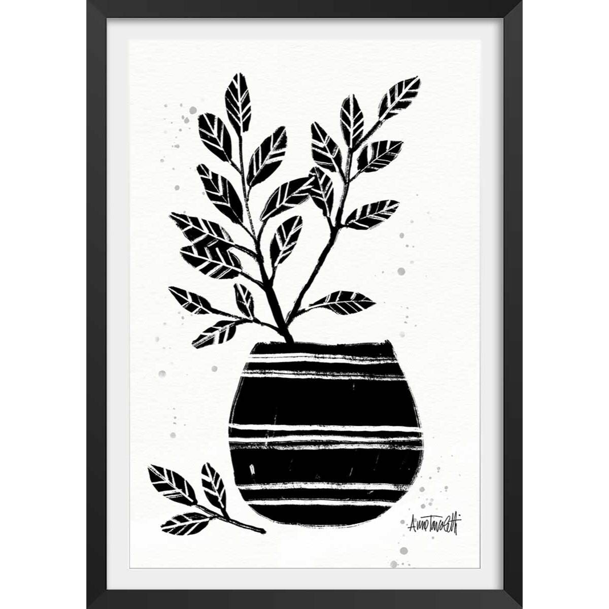 Illustration Poterie et botanique Affiche + cadre en bois - Noir