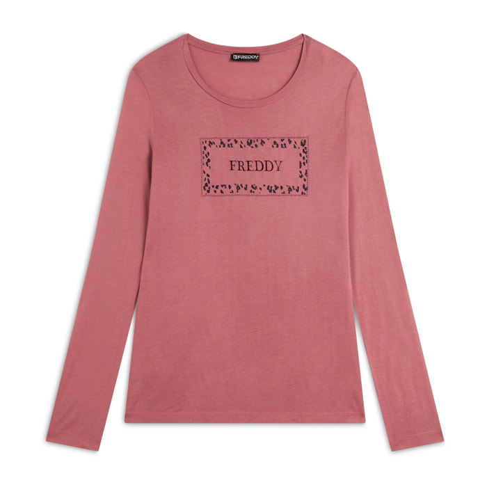 T-shirt donna manica lunga con stampa animalier oro rosa