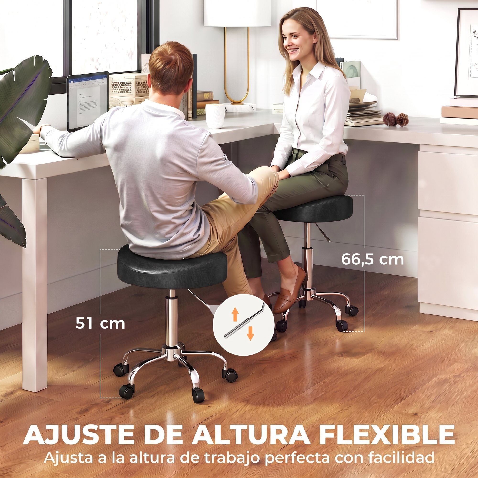 Taburete con Ruedas, Taburete Giratorio con Altura Regulable, Tapizado en Cuero Sintético, Asiento Acolchado, para Estética, Oficina, Clínica, Dormitorio, 33,5x35x51-66,5 cm, Negro