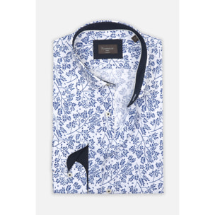 Camicia Uomo 1 Bottone Francese Slim Lino Cotone Stampato Bianco e Blu