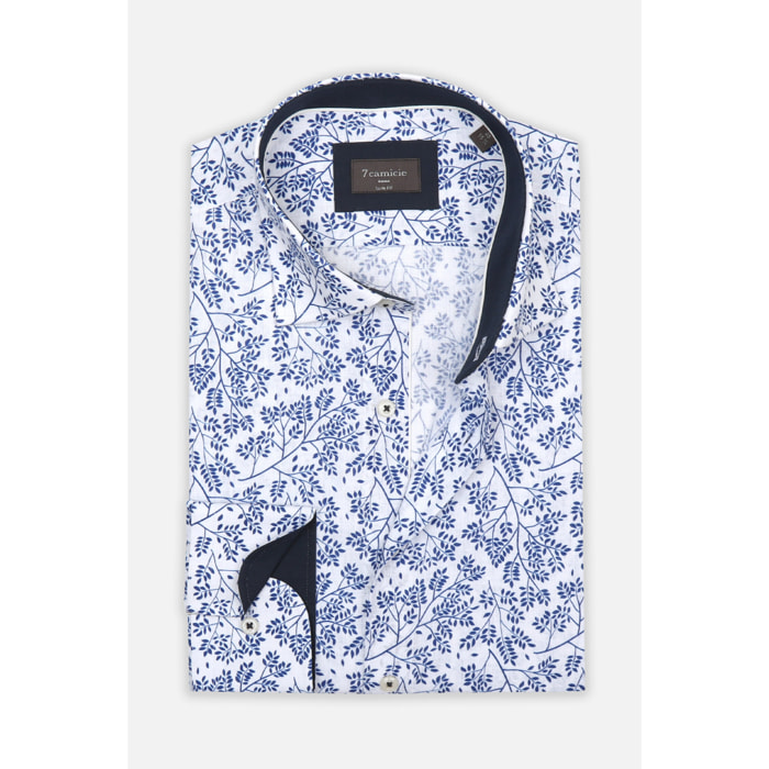 Camicia Uomo 1 Bottone Francese Slim Lino Cotone Stampato Bianco e Blu