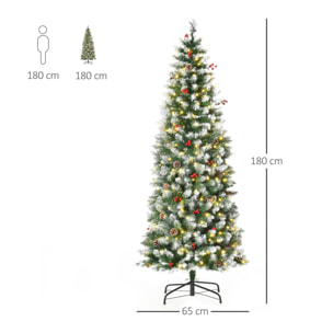 HOMCOM Árbol de Navidad Nevado Artificial 180 cm con 300 Luces LED Blanco Cálido 618 Ramas Ignífugas de PVC Decoraciones Incluidas y Base Plegable Ø65x180 cm Verde