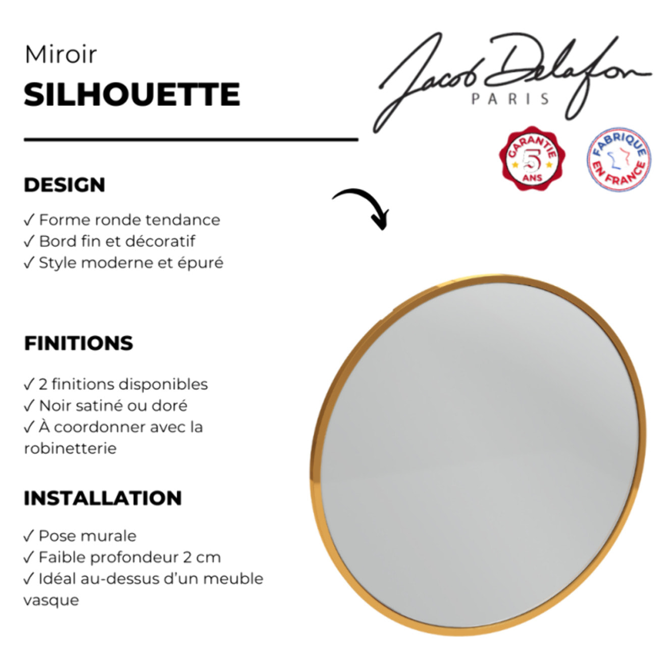 Miroir rond Silhouette laqué doré
