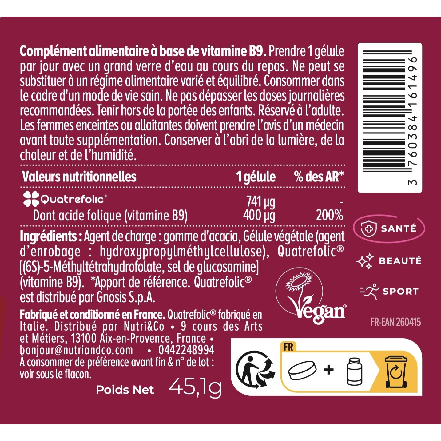 Acide Folique Vit B9 - 120 gélules - Lot de 3