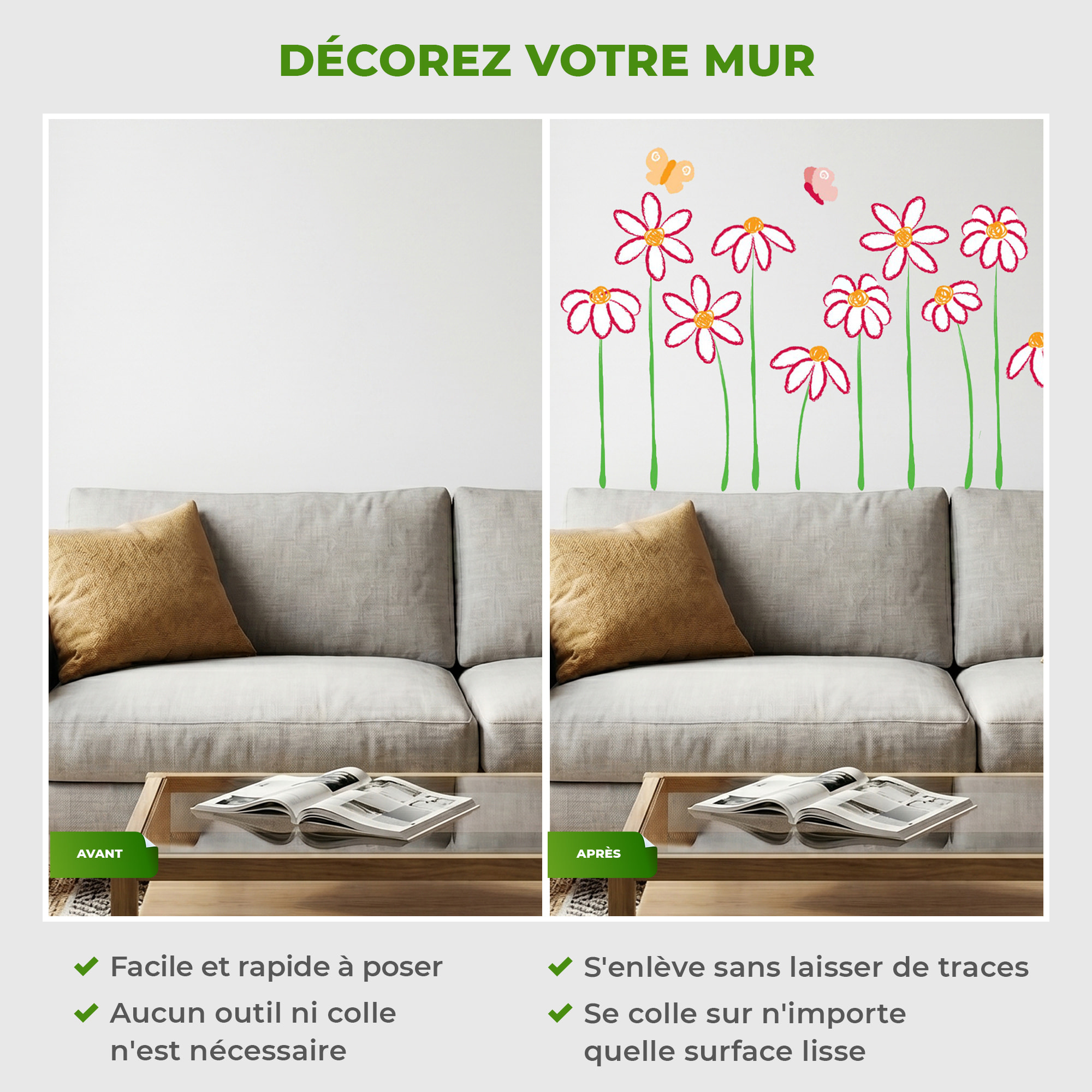 Stickers Muraux décoration adhésifs fleurs en dessin