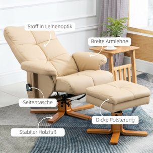 Sillón Relax Reclinable con Reposapiés Sillón de Masaje Eléctrico de PU con 10 Puntos de Masaje Función Reclinable Giratorio 360° Mando a Distancia Bolsillo Lateral para Salón Oficina Crema