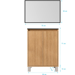 Meuble de Salle de Bains 50cm 2 portes Chêne Clair, Vasque Noire et Miroir Cadre Noir 50x70 - XENOS