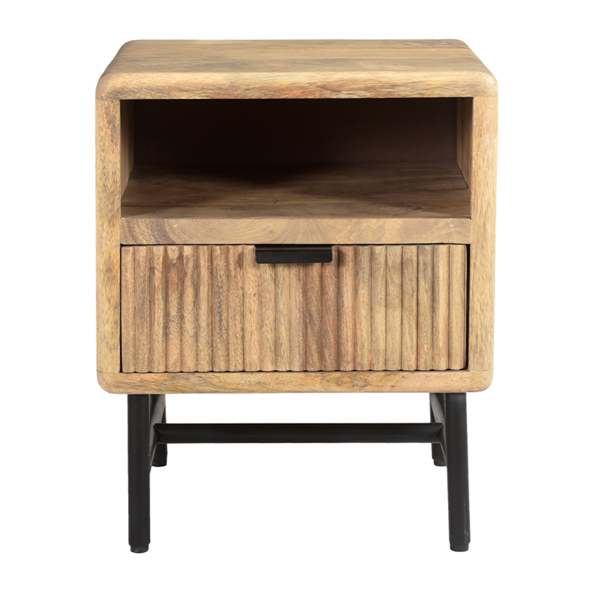Table de chevet avec rangements bois manguier massif gravé et métal noir MORISSON