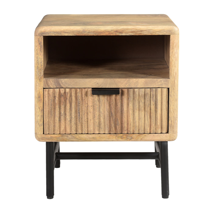 Table de chevet avec rangements bois manguier massif gravé et métal noir MORISSON