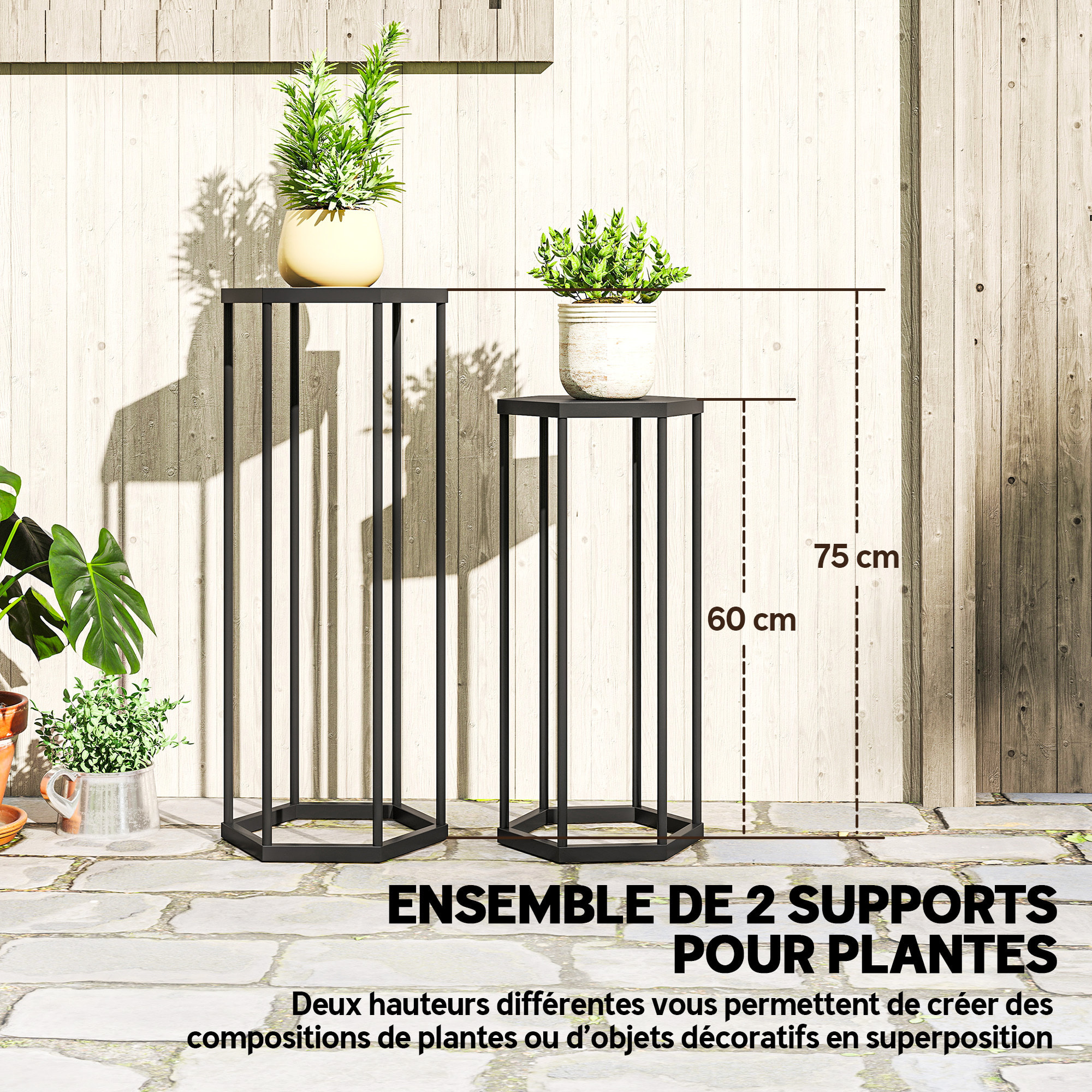Lot de 2 supports pour plantes hexagonal métal noir