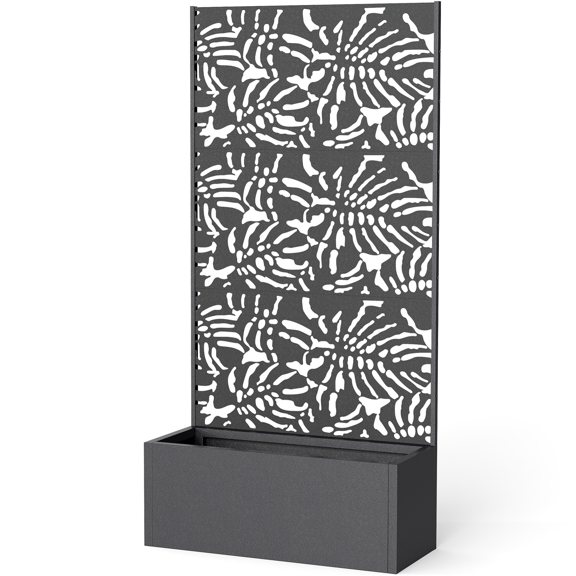 Jardinière treillis haut design graphique feuilles bananier 90 x 37 x 180 cm métal époxy noir