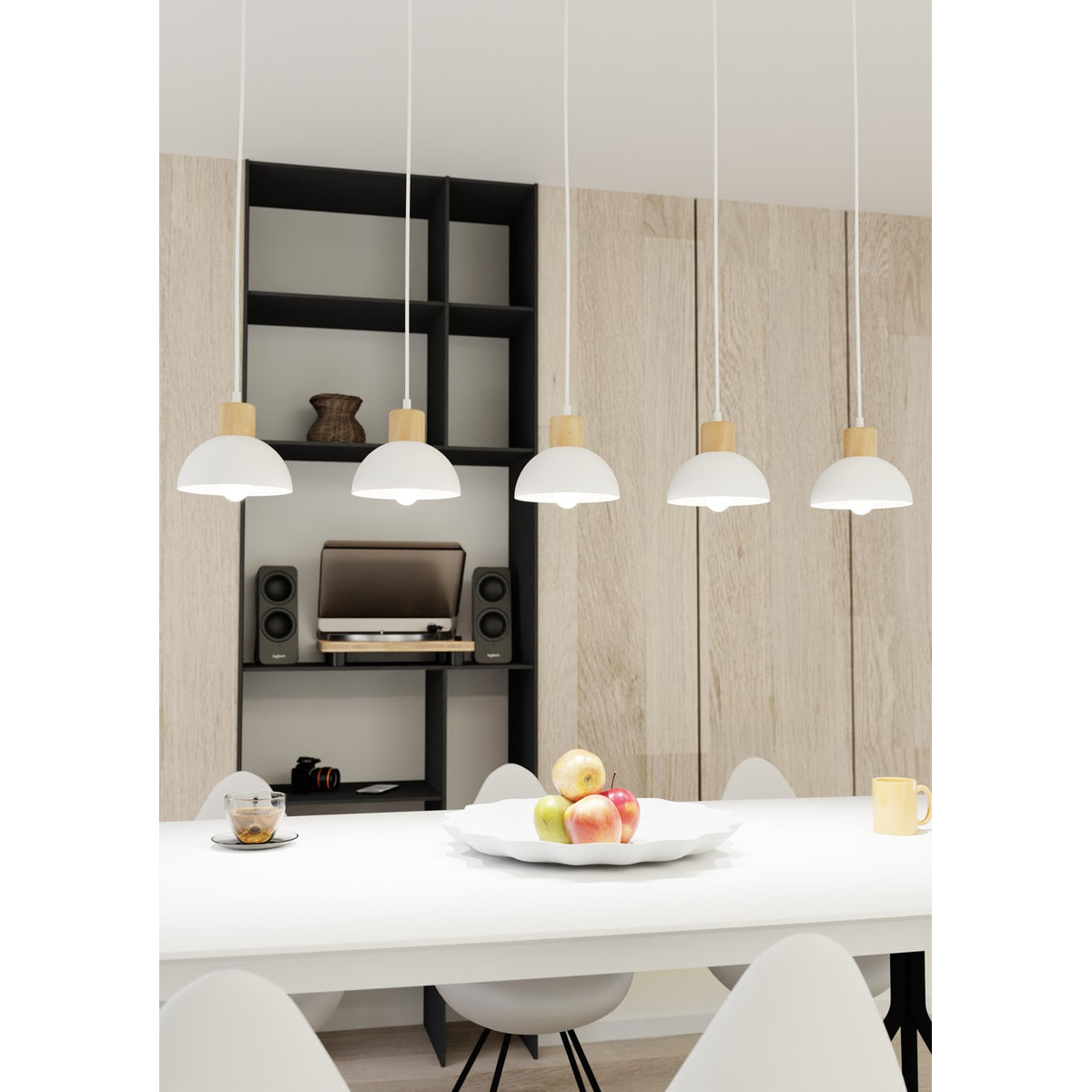 Lampada a sospensione Seco in acciaio bianco opaco e legno