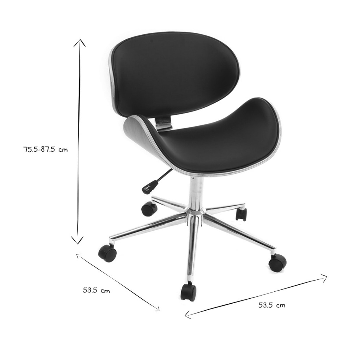 Chaise de bureau à roulettes design noir, bois clair et acier chromé WALNUT
